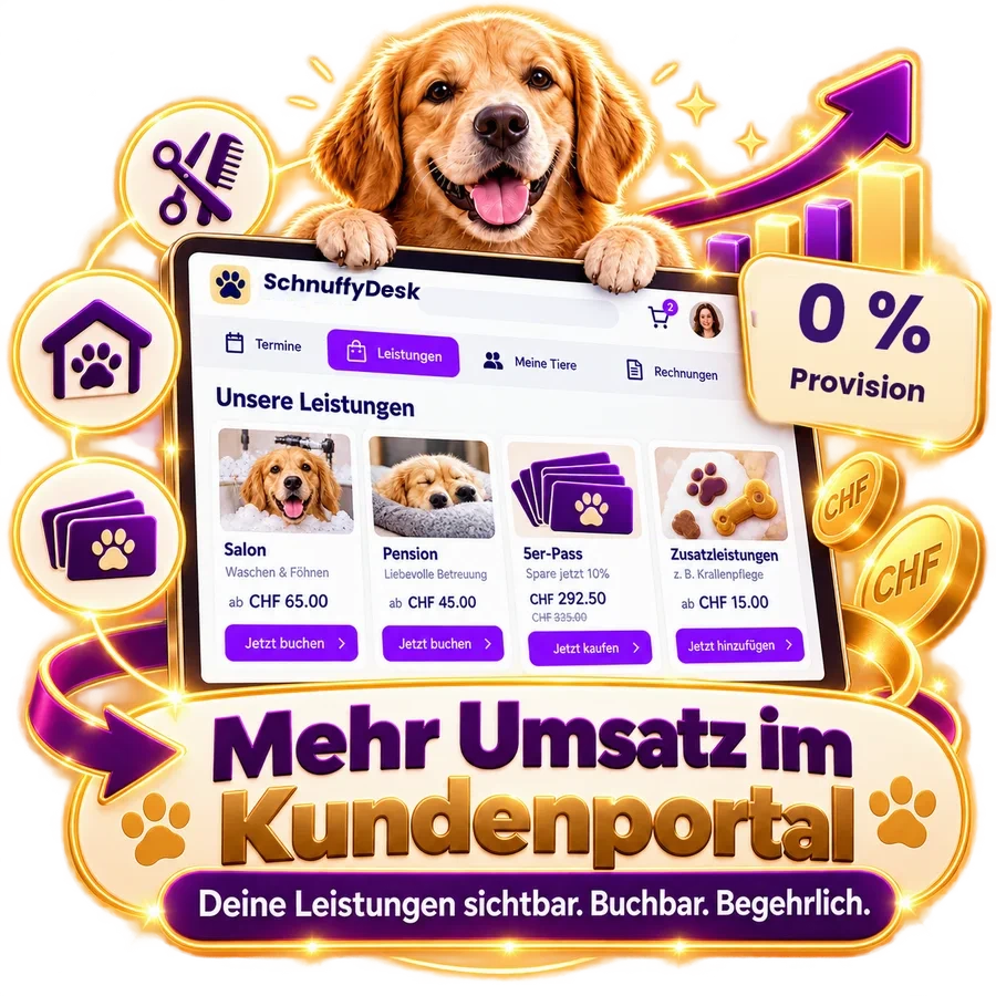 Illustration: Angebote im Kundenportal mit Buchen-Knöpfen, Titel «Mehr Umsatz im Kundenportal», Schild «0 % Provision»